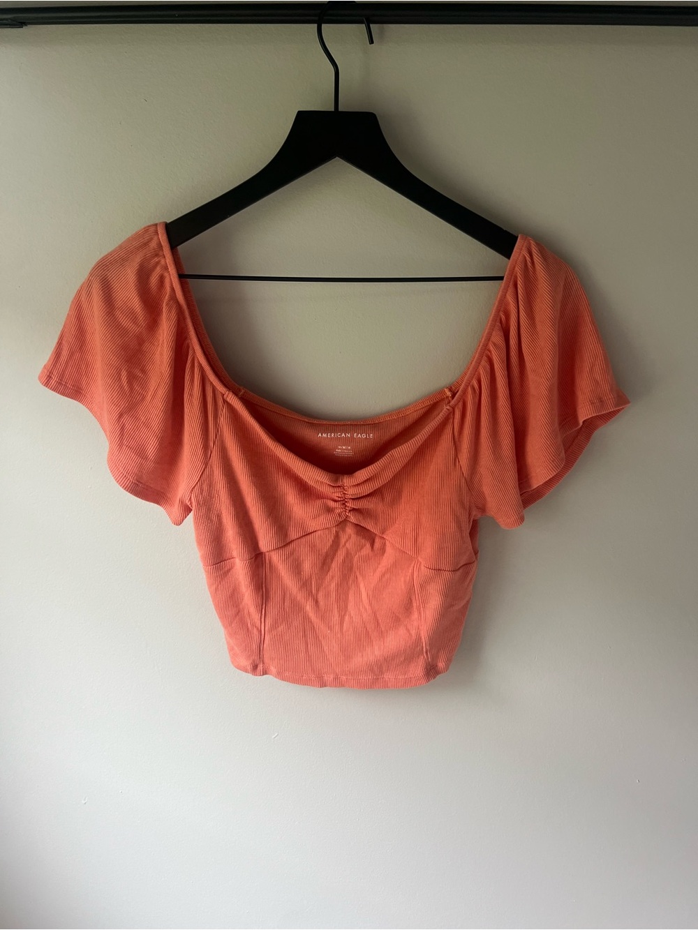 American Eagle Outfitters Coral Ruched Flutter-Sleeve Crop Top